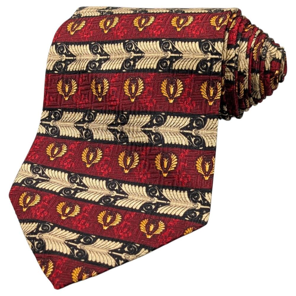 Vintage Robert Talbott Tie Best of Class 57" Silk‎ Red Gold Feathers Wings 90s